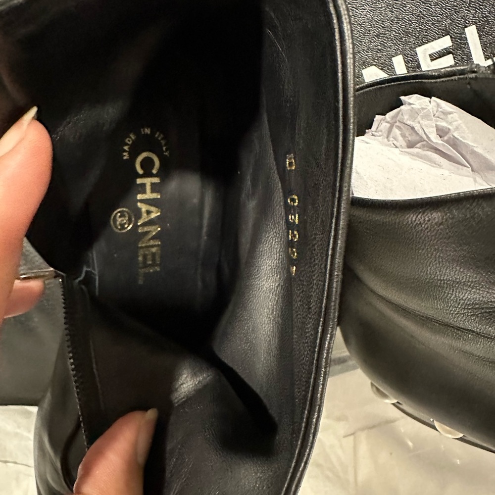 Authentic Chanel Black Leather ShortBoots With Pearl Embellished Heels,used - Picture 12 of 17